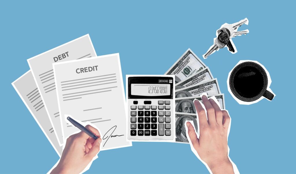 a collage of a person signing an agreement with cash and a calculator placed around him