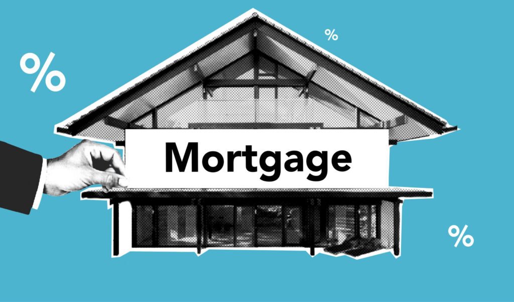 A collage of a person holding a mortgage sign in front of a house