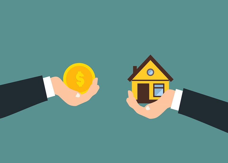 An animated graphic of a couple of hands holding a coin and a house