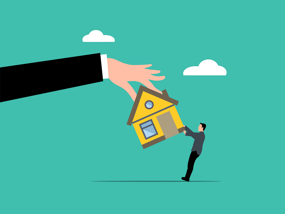 An animated graphic of a giant hand holding a house above a person