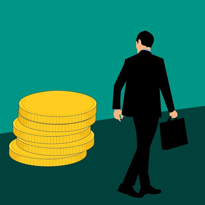 An animated graphic of a man walking past a giant stack of coins