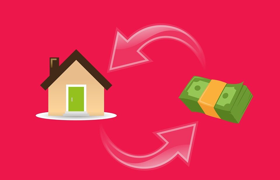 An animated graphic of a house and a bundle of cash