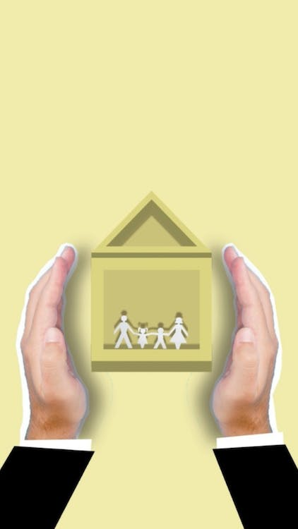 An animated graphic of a person holding a house with a family inside