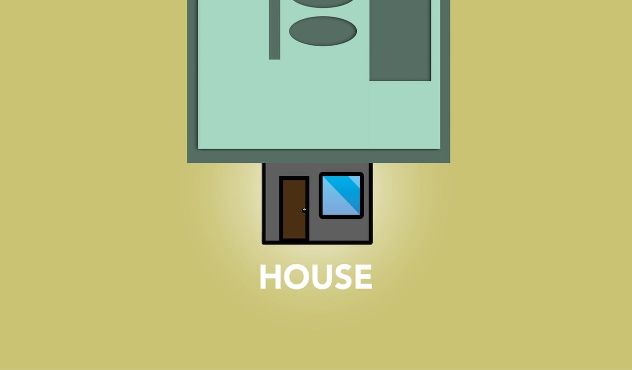 An animated graphic of a house with a dollar bill on top